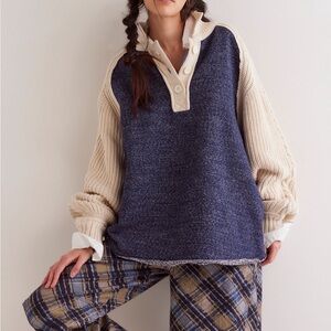 Free People Oversized Navy/White Polo Shirt Size S